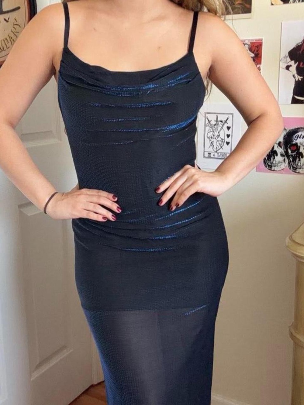 Night Way Collections Black Midi Slip Dress with Blue Shimmer